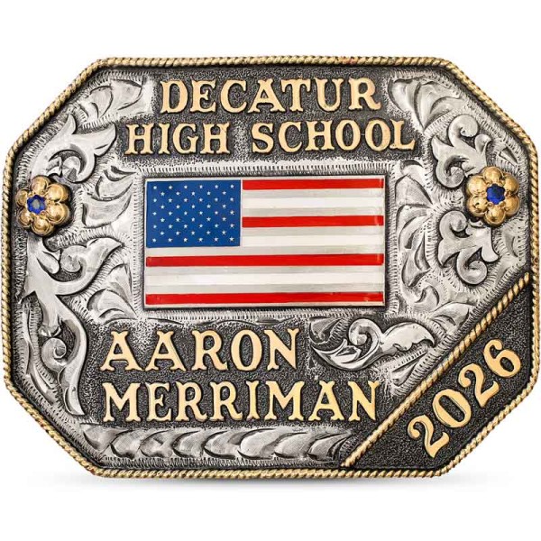 "Wave the flag, raise the spirit—proud to be red, white, and blue with school spirit through and through! Our Redfield Belt Buckle is hand-engraved on a German Silver base and features a bold, hand-painted American Flag at its core. Jeweler's bronze 